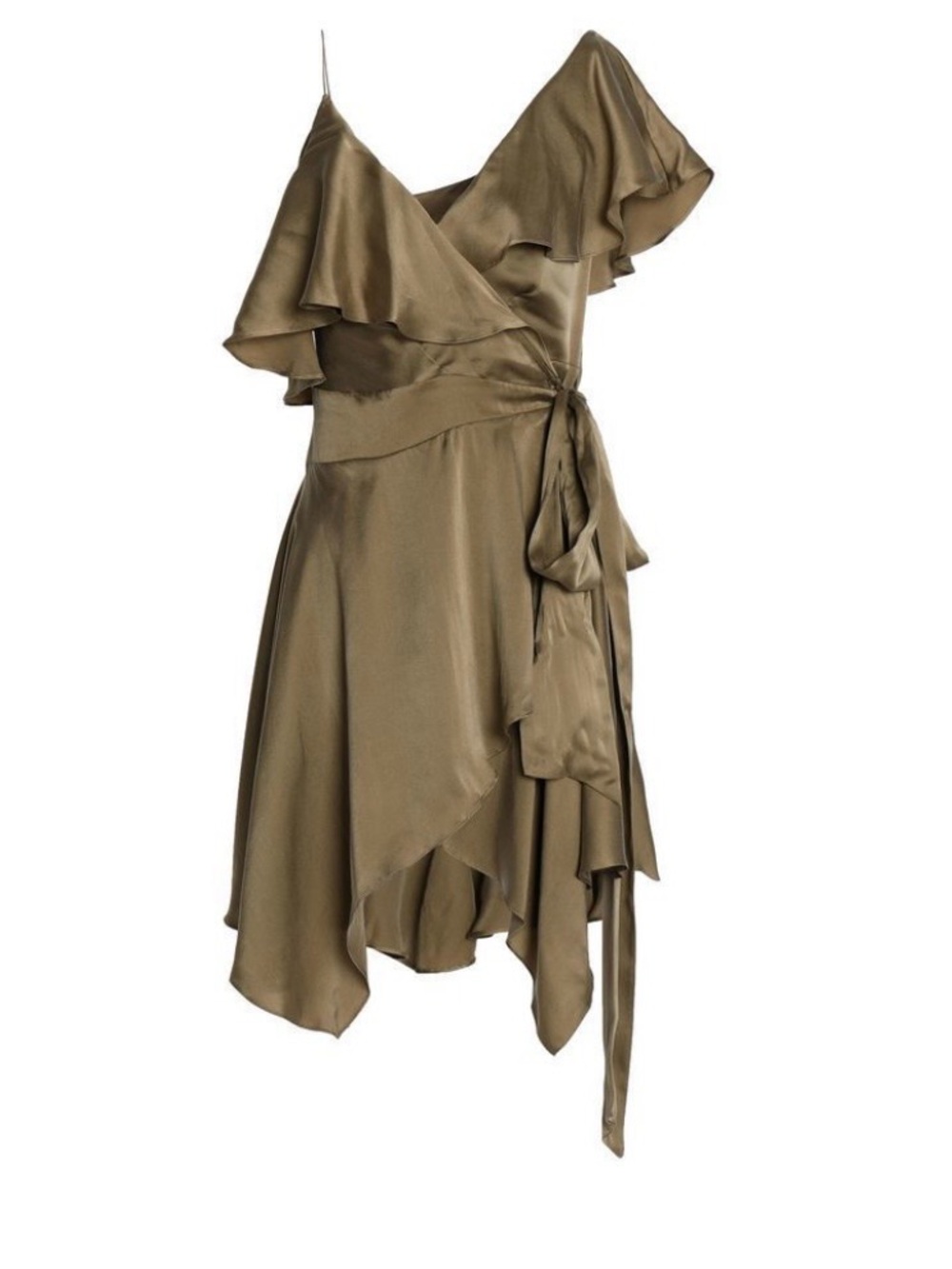 Zimmermann Olive Satin Asymmetrical Ruffle Wrap Dress